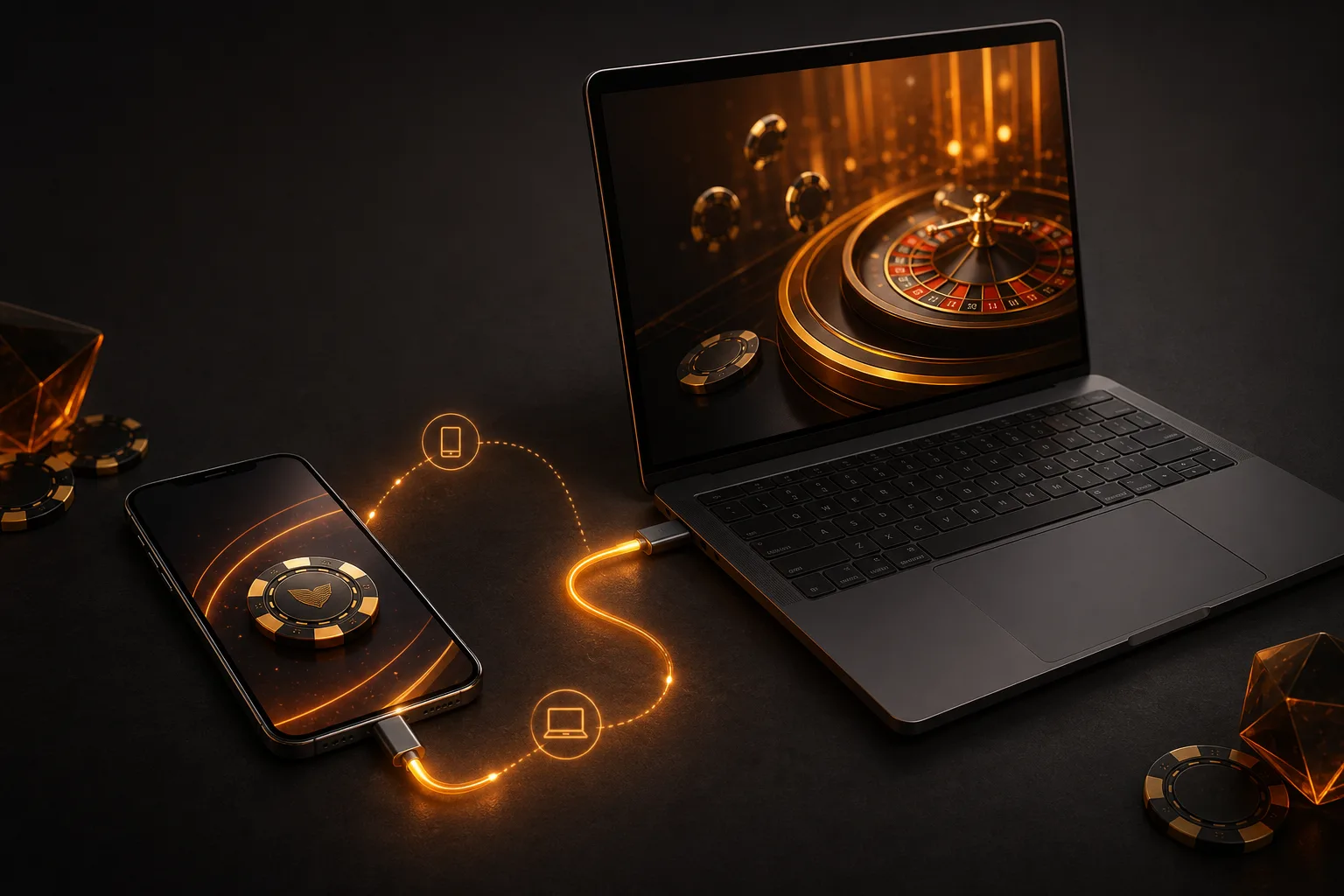 Mobile and laptop setup scene for casino access troubleshooting
