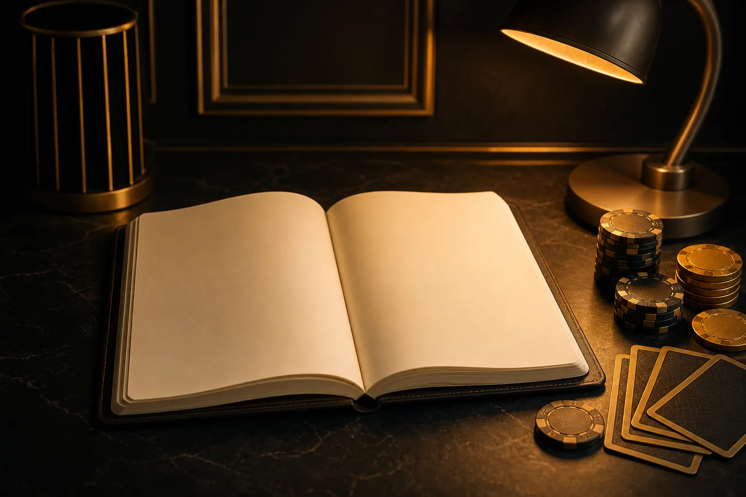 Blank notebook and casino chips for checking bonus conditions
