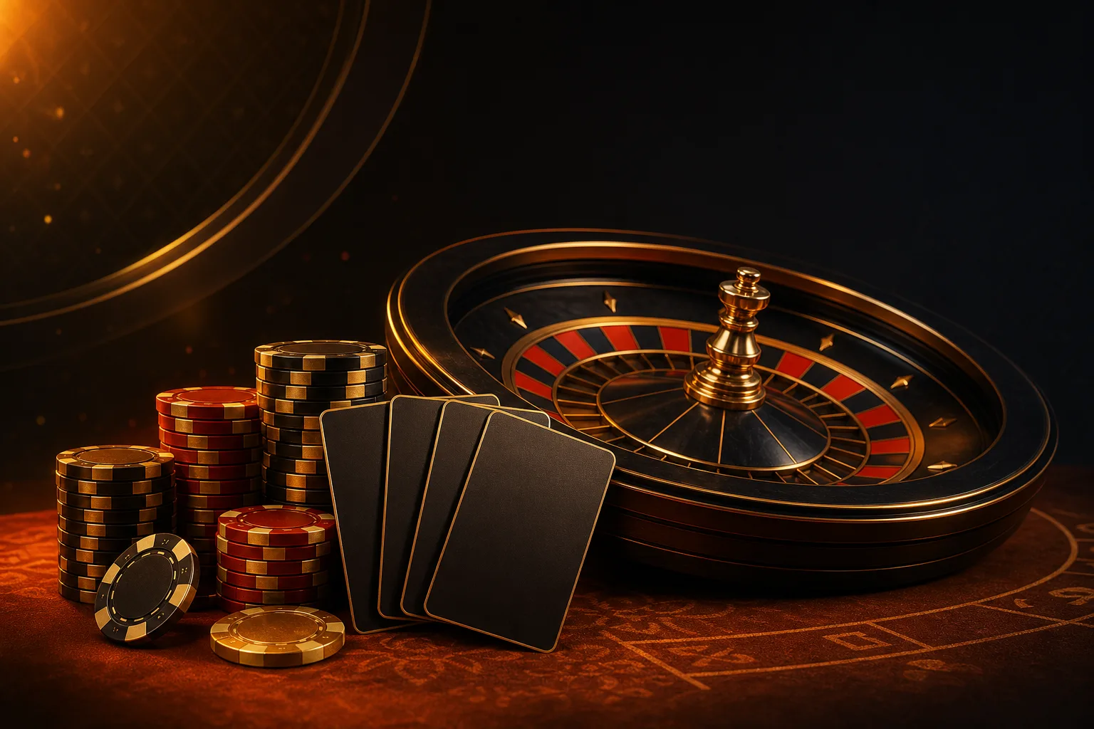 Roulette wheel, casino chips and blank cards for bonus terms