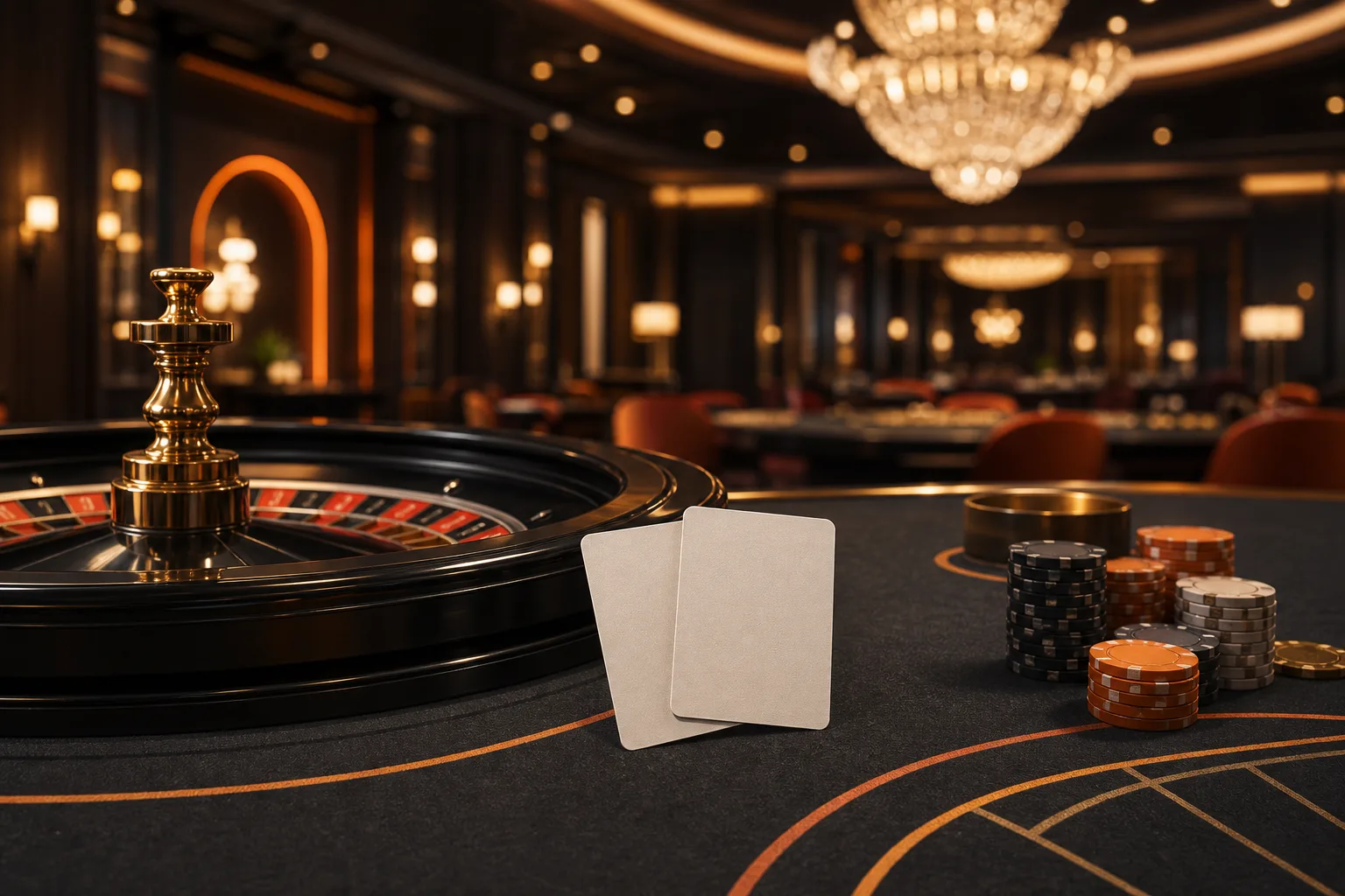 Roulette table and blank playing cards in a casino room